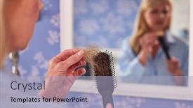  Presentation with hair loss - Presentation design consisting of menopausal-mature-woman-suffering-hair background and a light blue colored foreground