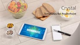  Presentation with menopause - Colorful presentation enhanced with menopause-concept-in-tablet backdrop and a soft green colored foreground