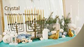  Presentation with mirror - Audience pleasing slides consisting of menorah and decorative elements near mirror hanukkah concept backdrop and a soft green colored foreground