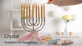  Presentation with hanukkah - Theme with menorah on wooden table hanukkah background and a mint green colored foreground