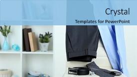  Presentation with clothing wooden clothes hanger object - Slides having mens day - men's clothes on chair background and a light blue colored foreground