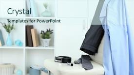  Presentation with clothing wooden clothes hanger object - Colorful slide set enhanced with mens day - men's clothes on chair backdrop and a sky blue colored foreground