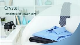  Presentation with clothing wooden clothes hanger object - PPT layouts enhanced with mens fashion - men's clothes on chair background and a sky blue colored foreground