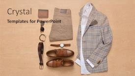  Presentation with clothing - Audience pleasing presentation design consisting of mens clothing business set with various accessories on a wooden background top view backdrop and a coral colored foreground