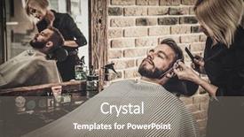  Presentation with barber shop - Presentation theme consisting of men s hair cutting scissors - client during beard and moustache background and a gray colored foreground