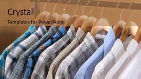  Presentation with fashion - Amazing slide deck having mens fashion - men's shirts on hangers backdrop and a coral colored foreground