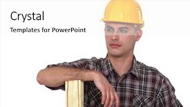  Presentation with builder - Amazing slide deck having mensuration - builder stood with plank backdrop and a  colored foreground