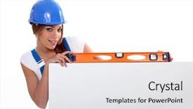  Presentation with pretty girl - Audience pleasing PPT theme consisting of mensuration - pretty worker girl showing her backdrop and a  colored foreground