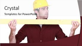  Presentation with hand holding plant - PPT theme consisting of mensuration - workman holding a plank background and a  colored foreground