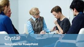  Presentation with group support - Audience pleasing presentation consisting of woman with other people attending backdrop and a ocean colored foreground