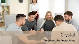  Presentation with group therapy - Theme consisting of mental health community - young people holding hands together background and a coral colored foreground