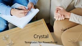  Presentation with holding hands - PPT layouts enhanced with mental illness - female patient sitting on armchair background and a coral colored foreground