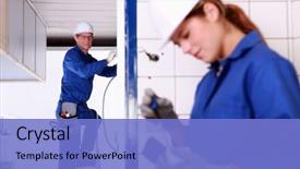  Presentation with mentor - Presentation theme with mentor supervising female electrical engineer background and a light blue colored foreground