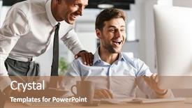  Presentation with men and women working in harmony - PPT layouts enhanced with mentoring pictures - picture of excited happy emotional background and a coral colored foreground