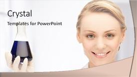  Presentation with bulb - Slide set having mentoring pictures - picture of female chemist holding background and a  colored foreground