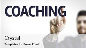  Presentation with business coaching - Audience pleasing PPT theme consisting of personal growth - business man pointing to transparent backdrop and a white colored foreground