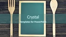  Presentation with spoon - Presentation design with menu board - fork and spoon on wooden background and a ocean colored foreground