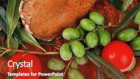  Presentation with white plate - Colorful presentation theme enhanced with male bodybuilder flexing bicep back view with copy space backdrop and a dark gray colored foreground