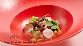  Presentation with passion fruit - Beautiful PPT theme featuring menu in pan-asian cuisine - tartar from tuna with passion fruit sauce with slices of vegetables and fresh greens on the red plate backdrop and a red colored foreground