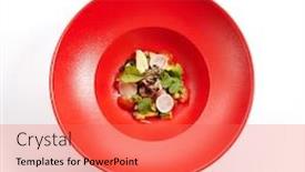  Presentation with passion fruit - Beautiful slides featuring menu in pan-asian cuisine - tartar from tuna with passion fruit sauce with slices of vegetables and fresh greens on the red plate top view backdrop and a coral colored foreground