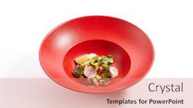 Presentation with passion fruit - PPT layouts with menu in pan-asian cuisine - tartar from sea scallop with passion fruit sauce with slices of vegetables and fresh greens on the red plate background and a coral colored foreground