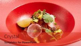  Presentation with passion fruit - PPT layouts enhanced with menu in pan-asian cuisine - tartar from salmon with passion fruit sauce with slices of vegetables and fresh greens on the red plate background and a red colored foreground