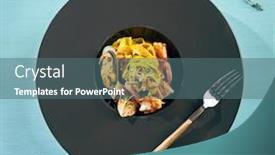  Presentation with pasta restaurant - Theme enhanced with menu of gastronomic restaurant hot pasta with seafood in thai style sprinkled with fresh herbs in black bowl on black stand background and a ocean colored foreground