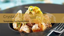  Presentation with pasta restaurant - Slide deck consisting of menu of gastronomic restaurant hot pasta with seafood in thai style sprinkled with fresh herbs in black bowl on black stand background and a gold colored foreground