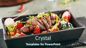  Presentation with restaurant menu - Audience pleasing slide deck consisting of menu of gastronomic restaurant salad with beef and vegetables grilled with greens in gray rectangular bowl on black flat stone backdrop and a wine colored foreground