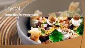  Presentation with restaurant menu - Slides enhanced with menu of gastronomic restaurant salad with shrimps and cream cheese with spices and fresh herbs in gray cup on wooden stand with exquisite cutlery background and a coral colored foreground