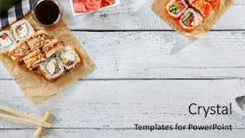  Presentation with set of sushi salmon - Presentation theme featuring menu template on old paint background and a light gray colored foreground