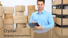  Presentation with merchandise - PPT theme having merchandise - handsome man with clipboard background and a coral colored foreground