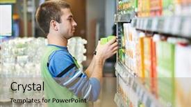  Presentation with supermarket - Presentation design having merchandise - merchandising sales assistant in supermarket background and a coral colored foreground