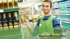  Presentation with supermarket - PPT theme featuring merchandise - merchandising sales assistant in supermarket background and a seafoam green colored foreground