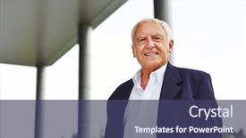  Presentation with old man - Beautiful presentation theme featuring merchant - happy old senior business man backdrop and a violet colored foreground