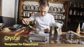  Presentation with measuring ingredient - Slide deck consisting of merchant - male owner measuring ingredient background and a tawny brown colored foreground