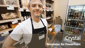  Presentation with grocery store - Presentation theme enhanced with beautiful caucasian young happy woman in long plaid checkered dress with shy charming smile red yellow golden balloons celebrating birthday on white background isolated holiday party concept background and a white colored foreground.