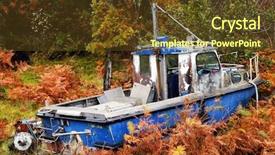  Presentation with ship - PPT theme featuring sunrise glittering water old barge background and a gray colored foreground