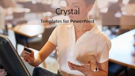  Presentation with college coffee shop - Colorful PPT layouts enhanced with merchant services - clerk of coffee-shop carrying backdrop and a coral colored foreground