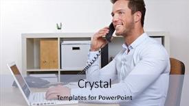  Presentation with business laptop globe satellite - Beautiful PPT theme featuring merchant services - happy business man with laptop backdrop and a light blue colored foreground