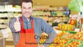  Presentation with how to be happy - Presentation theme featuring merchant services - happy salesman congratulates with his background and a gold colored foreground