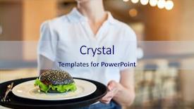  Presentation with catering waiter food event service - Audience pleasing presentation consisting of merchant services - hospitable waiter bringing fresh sandwich backdrop and a sky blue colored foreground