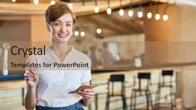  Presentation with order - PPT layouts consisting of merchant services - hospitable waitress with notepapers background and a coral colored foreground