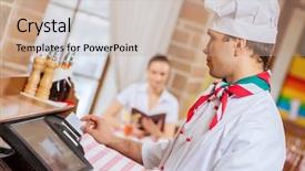  Presentation with chef - Theme enhanced with merchant services - image of handsome chef inserting background and a coral colored foreground