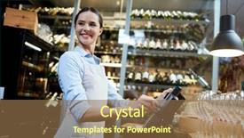  Presentation with smile sparkle shine - Presentation design having merchant services - portrait of attractive cafe owner background and a tawny brown colored foreground