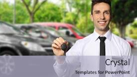  Presentation with salesman - Presentation design having merchant services - portrait of salesman with key background and a light blue colored foreground