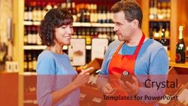  Presentation with starbucks bottle - Presentation design having merchant services - salesman in supermarket offering bottle background and a  colored foreground