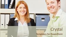  Presentation with people - Cool new presentation with merchant services - two happy business people working backdrop and a soft green colored foreground