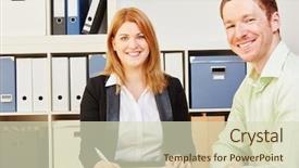  Presentation with people - Presentation design featuring merchant services - two happy business people background and a soft green colored foreground