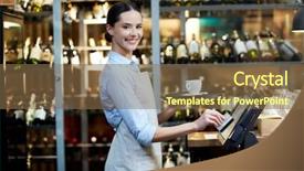  Presentation with law and order - Beautiful presentation design featuring merchant services - young cheerful waitress registrating backdrop and a tawny brown colored foreground